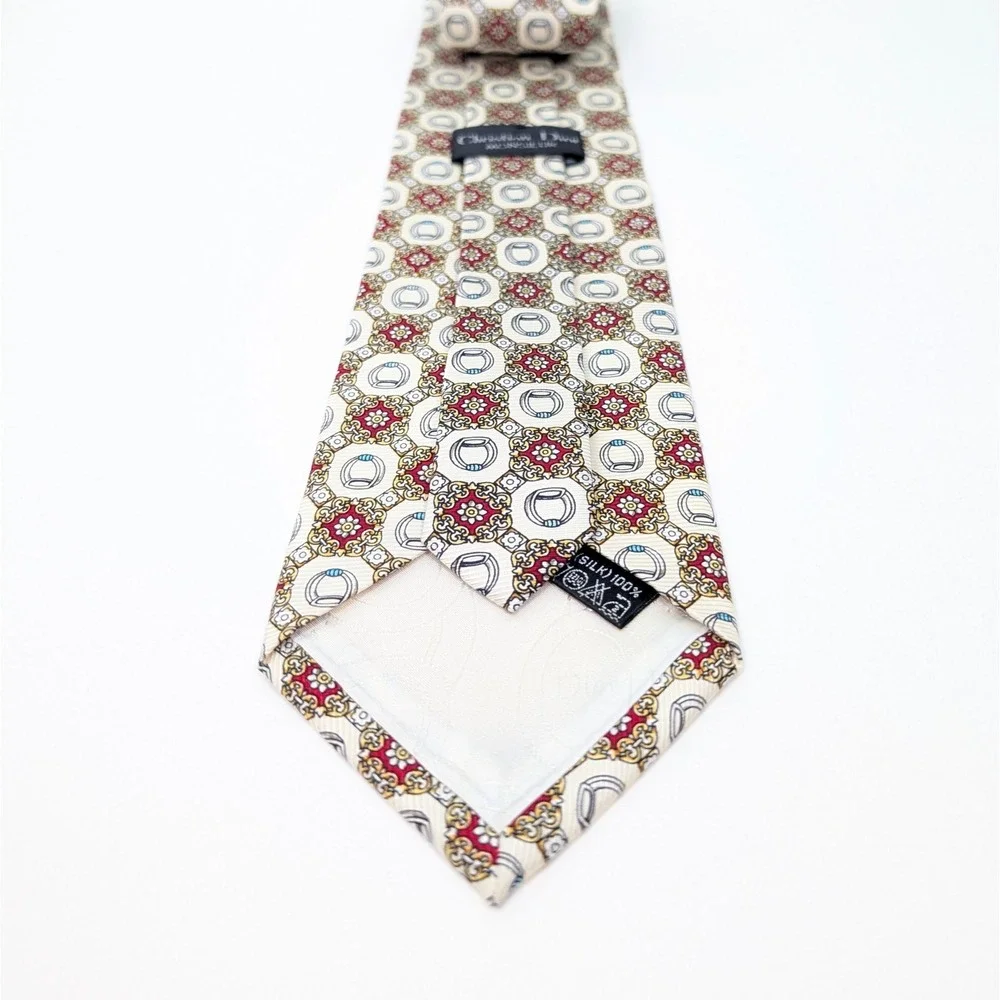 Christian‎ Dior Monsieur Silk Tie Cream Burgundy Gold Medallion Stirrup Pattern